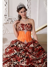 OraLeopard and Organza Quinceanera Dress Sweetheart Sweep / Brush Train Appliques Ball Gown
