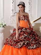 OraLeopard and Organza Quinceanera Dress Sweetheart Sweep / Brush Train Appliques Ball Gown