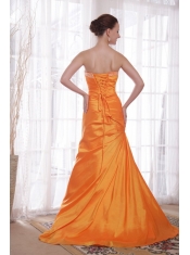 Orange Column / Sheath Strapless Sweep / Brush Train Taffeta Beading Prom Dress