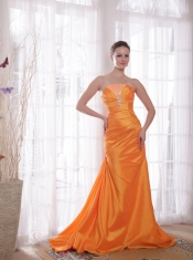 Orange Column / Sheath Strapless Sweep / Brush Train Taffeta Beading Prom Dress