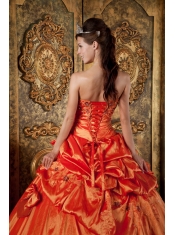 Orange Red Ball Gown Strapless Floor-length Pick-Ups Taffeta Quinceanera Dress