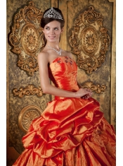 Orange Red Ball Gown Strapless Floor-length Pick-Ups Taffeta Quinceanera Dress