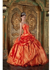 Orange Red Ball Gown Strapless Floor-length Pick-Ups Taffeta Quinceanera Dress