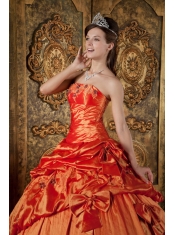 Orange Red Ball Gown Strapless Floor-length Pick-Ups Taffeta Quinceanera Dress
