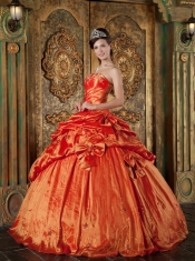 Orange Red Ball Gown Strapless Floor-length Pick-Ups Taffeta Quinceanera Dress