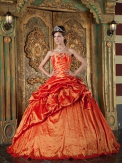 Orange Red Ball Gown Strapless Floor-length Pick-Ups Taffeta Quinceanera Dress