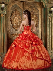 Orange Red Ball Gown Strapless Floor-length Pick-Ups Taffeta Quinceanera Dress