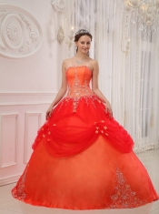 Orange Red Ball Gown Strapless Floor-length Taffeta and Tulle Appliques Quinceanera Dress