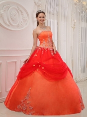 Orange Red Ball Gown Strapless Floor-length Taffeta and Tulle Appliques Quinceanera Dress