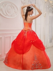 Orange Red Ball Gown Strapless Floor-length Taffeta and Tulle Appliques Quinceanera Dress