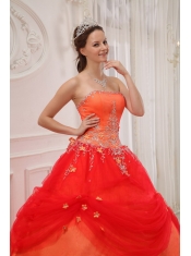 Orange Red Ball Gown Strapless Floor-length Taffeta and Tulle Appliques Quinceanera Dress