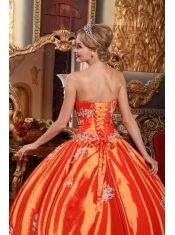 Orange Red Ball Gown Strapless Floor-length Taffeta Appliques Quinceanera Dress