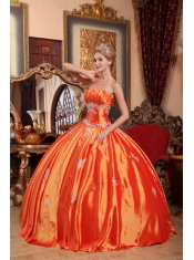 Orange Red Ball Gown Strapless Floor-length Taffeta Appliques Quinceanera Dress