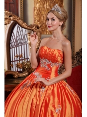 Orange Red Ball Gown Strapless Floor-length Taffeta Appliques Quinceanera Dress