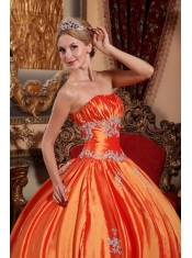 Orange Red Ball Gown Strapless Floor-length Taffeta Appliques Quinceanera Dress