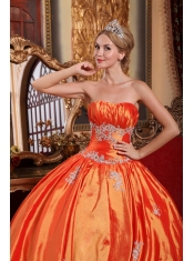 Orange Red Ball Gown Strapless Floor-length Taffeta Appliques Quinceanera Dress