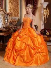 Orange Red Ball Gown Strapless Floor-length Taffeta Beading Quinceanera Dress