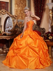 Orange Red Ball Gown Strapless Floor-length Taffeta Beading Quinceanera Dress