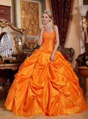 Orange Red Ball Gown Strapless Floor-length Taffeta Beading Quinceanera Dress