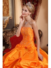 Orange Red Ball Gown Strapless Floor-length Taffeta Beading Quinceanera Dress