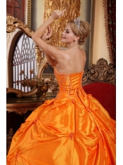 Orange Red Ball Gown Strapless Floor-length Taffeta Beading Quinceanera Dress