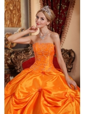 Orange Red Ball Gown Strapless Floor-length Taffeta Beading Quinceanera Dress