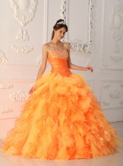 Orange Red Ball Gown Sweetheart Floor-length Organza Beading and Ruch Quinceanera Dress