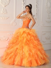 Orange Red Ball Gown Sweetheart Floor-length Organza Beading and Ruch Quinceanera Dress