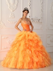 Orange Red Ball Gown Sweetheart Floor-length Organza Beading and Ruch Quinceanera Dress