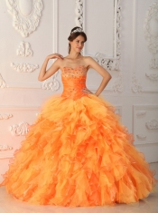 Orange Red Ball Gown Sweetheart Floor-length Organza Beading and Ruch Quinceanera Dress