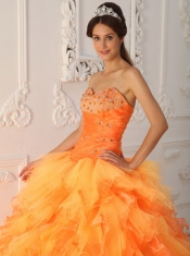 Orange Red Ball Gown Sweetheart Floor-length Organza Beading and Ruch Quinceanera Dress