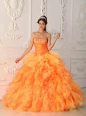 Orange Red Ball Gown Sweetheart Floor-length Organza Beading and Ruch Quinceanera Dress