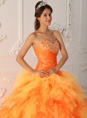 Orange Red Ball Gown Sweetheart Floor-length Organza Beading and Ruch Quinceanera Dress