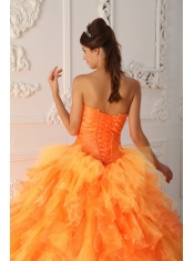 Orange Red Ball Gown Sweetheart Floor-length Organza Beading and Ruch Quinceanera Dress