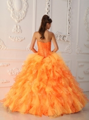 Orange Red Ball Gown Sweetheart Floor-length Organza Beading and Ruch Quinceanera Dress