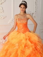 Orange Red Ball Gown Sweetheart Floor-length Organza Beading and Ruch Quinceanera Dress