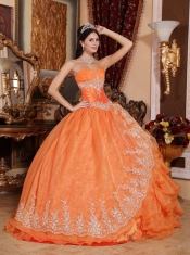 Orange Red Ball Gown Sweetheart Floor-length Organza Beading Quinceanera Dress