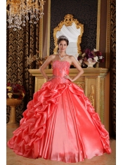 Coral Red Ball Gown Sweetheart Floor-length Taffeta Emboridery and Beading Quinceanera Dress