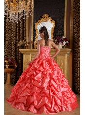 Coral Red Ball Gown Sweetheart Floor-length Taffeta Emboridery and Beading Quinceanera Dress