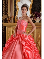 Coral Red Ball Gown Sweetheart Floor-length Taffeta Emboridery and Beading Quinceanera Dress