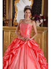 Coral Red Ball Gown Sweetheart Floor-length Taffeta Emboridery and Beading Quinceanera Dress