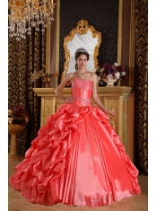 Coral Red Ball Gown Sweetheart Floor-length Taffeta Emboridery and Beading Quinceanera Dress