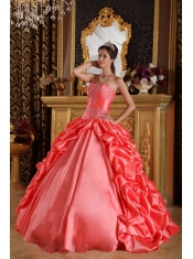 Coral Red Ball Gown Sweetheart Floor-length Taffeta Emboridery and Beading Quinceanera Dress