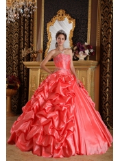 Coral Red Ball Gown Sweetheart Floor-length Taffeta Emboridery and Beading Quinceanera Dress