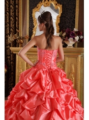 Coral Red Ball Gown Sweetheart Floor-length Taffeta Emboridery and Beading Quinceanera Dress