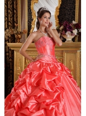 Coral Red Ball Gown Sweetheart Floor-length Taffeta Emboridery and Beading Quinceanera Dress