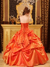 Orange Red Ball Gown Sweetheart Strapless Floor-length Taffeta Hand Made Flowers Quinceanera Dress