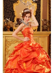 Orange Red Ball Gown Sweetheart Strapless Floor-length Taffeta Hand Made Flowers Quinceanera Dress