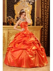 Orange Red Ball Gown Sweetheart Strapless Floor-length Taffeta Hand Made Flowers Quinceanera Dress