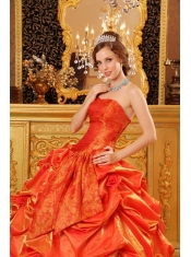 Orange Red Ball Gown Sweetheart Strapless Floor-length Taffeta Hand Made Flowers Quinceanera Dress